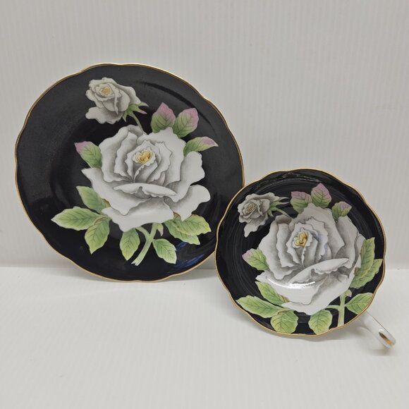 Cabbage Rose Black Hand Painted Teacup and Saucer American Beauty Occupied Japan - Picture 4 of 7